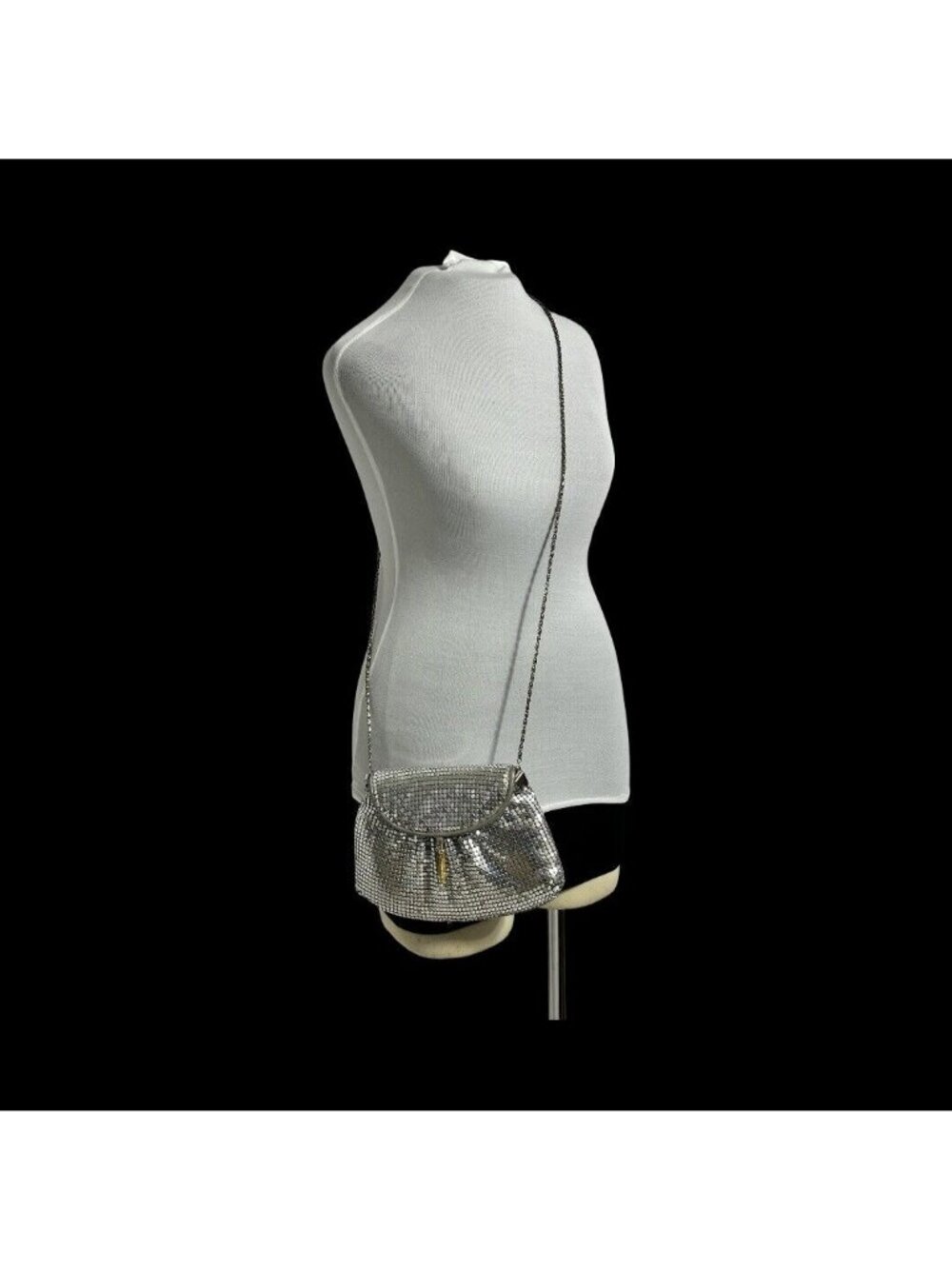 Vintage Silver Mesh Evening Bag With Gold Tassel Accent & Chain Strap